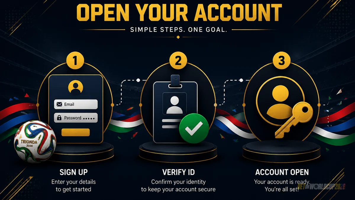Account-opening step illustration with stylised signup form fields, ID verification badge, and host-nation tri-colour accents