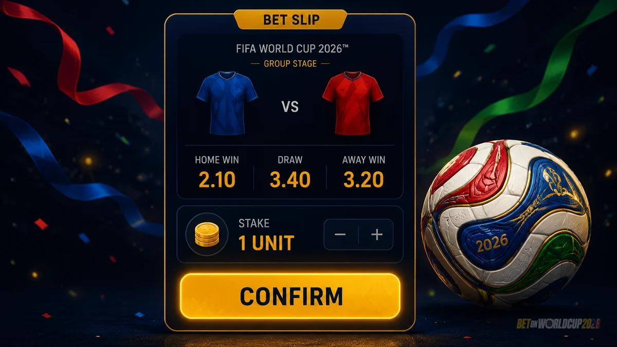 Stylised bet slip with World Cup fixture line, decimal odds and stake unit — illustrating the first-bet placement step