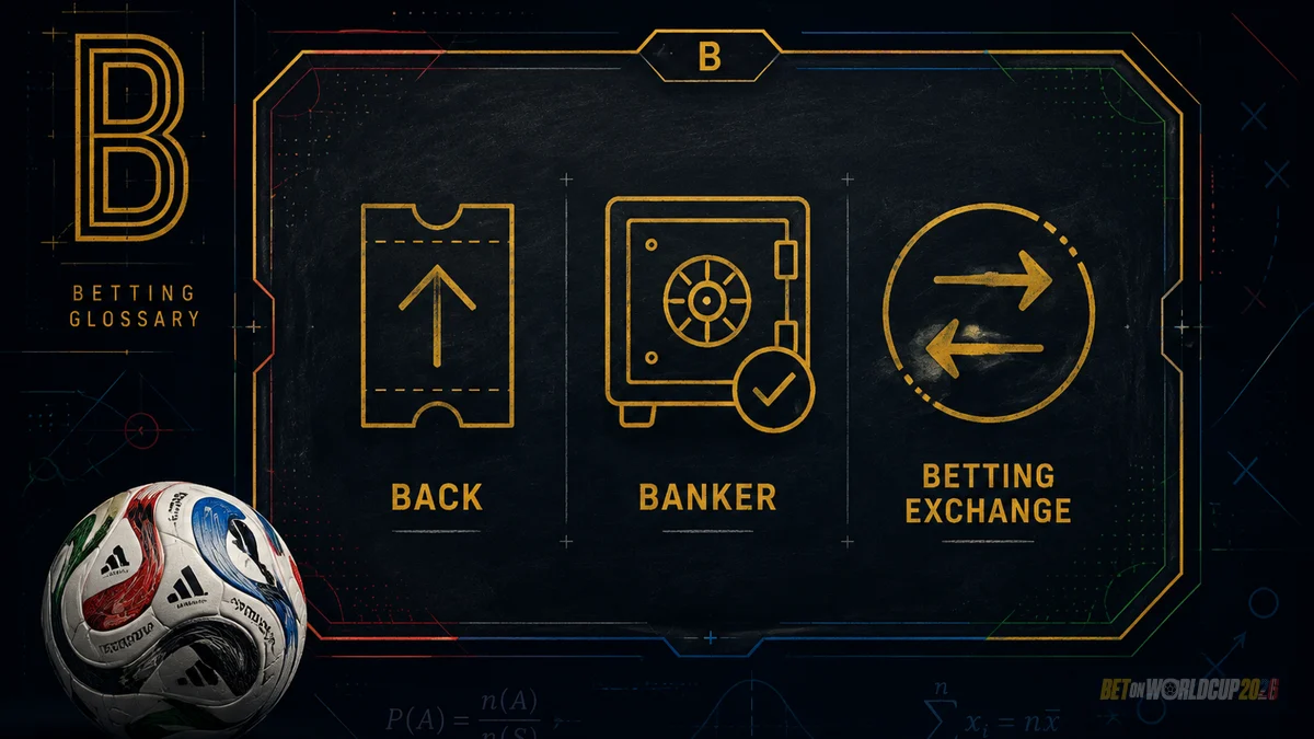 Chalkboard concept illustration of betting-terminology cluster — back, banker and betting-exchange icons in amber on navy