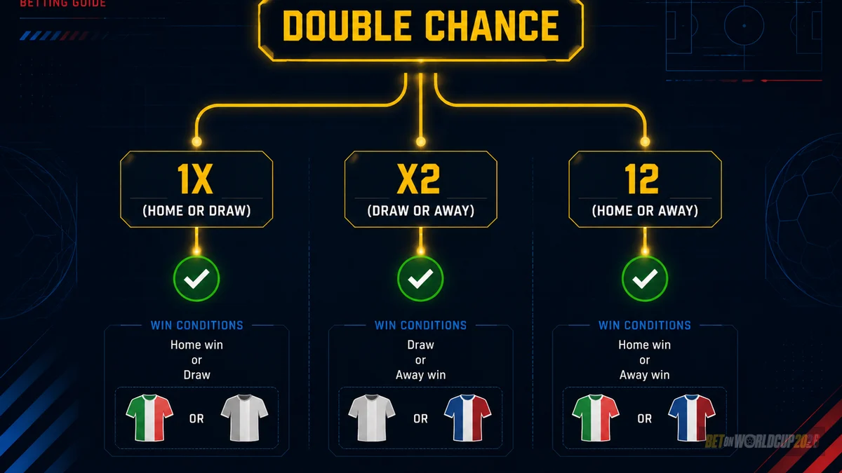 Decision-tree diagram for Double Chance outcomes — three branching paths covering home, draw and away results