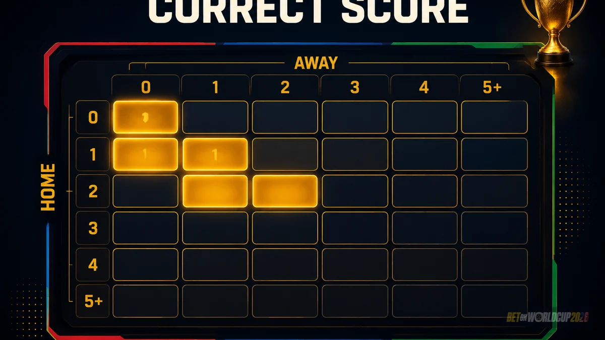 Stylised correct-score grid covering 0-0 through 5-plus, illustrating the long-odds prediction-grid market structure