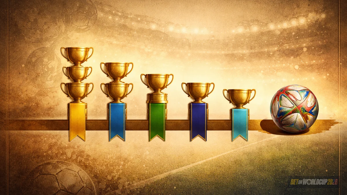 Sepia-toned timeline of most-titled nations — abstract gold-cup ornaments stacked beside flags-as-colour accents for Germany, Italy, Brazil, France, Argentina